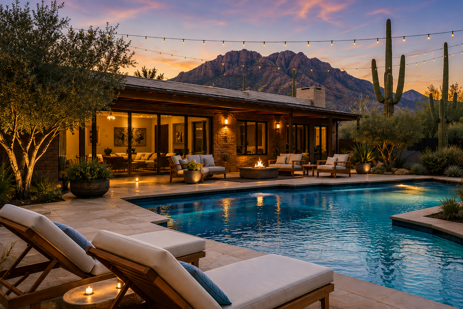 Modern Tucson Foothills vacation rental with pool at sunset